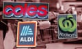 A composite image showing the Coles, Aldi and Woolworths logos