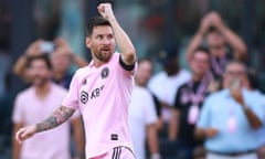 Lionel Messi of Inter Miami celebrates after scoring a goal during the first half of Tuesday’s Leagues Cup match against Atlanta United at DRV PNK Stadium.