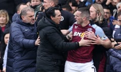 Unai Emery tries to calm down John McGinn after his red card