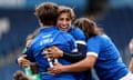 Italy's Alyssa D'Incà celebrates after the final whistle  with Sofia Stefan in Dublin.