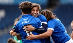 Italy's Alyssa D'Incà celebrates after the final whistle  with Sofia Stefan in Dublin.