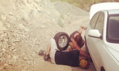 Tire change in Chilean desert.