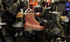 Dr Martens boots are pictured in the Dr Martens factory in Wellingborough, Northamptonshire, in central England.