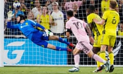 Inter Miami forward Lionel Messi scores during the first half of Saturday’s Leagues Cup final at Geodis Park.