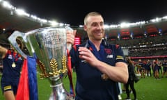 Melbourne coach Simon Goodwin celebrates after the Demons won the 2021 AFL grand final against the Western Bulldogs.