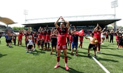 Léo Berdeu of Lyon leads the celebrations after their victory over Wasps at Matmut Stadium