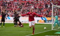 Ludovic Ajorque celebrates scoring Mainz's equaliser as Bayern Munich appeal in vain