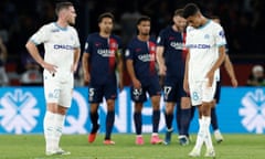 Ligue 1 - Paris St Germain v Olympique de Marseille<br>Soccer Football - Ligue 1 - Paris St Germain v Olympique de Marseille - Parc des Princes, Paris, France - September 24, 2023
Olympique de Marseille's Jordan Veretout and Azzedine Ounahi look dejected after Paris St Germain's Randal Kolo Muani scores their second goal REUTERS/Benoit Tessier