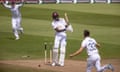 Alzarri Joseph is bowled by Mark Wood at Edgbaston