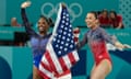 Sunisa Lee and Simone Biles celebrate their all-around medals at the Paris Olympics on Thursday