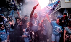 Naples Within Touching Distance Of Football History<br>NAPLES, ITALY - APRIL 30: Supporters of Napoli celebrate the defeat of Lazio on April 30, 2023 in Naples, Italy. Following a draw today, Napoli, the team coached by Luciano Spalletti is just one point away from obtaining the mathematical victory of their third Serie A title. (Photo by Ivan Romano/Getty Images)