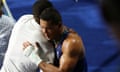 Anthony Joshua, left, consoles Joe Joyce after the latter’s controversial defeat to Tony Yoka