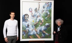 Andy Murray poses with the artist Maggi Hambling next to his portrait