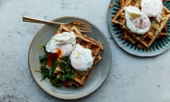 Perfect poached eggs: Anna Jones’ cream cheese waffles with poached eggs.