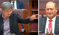 Two screen grabs from ParlView Wednesday 03/04/2019. Penny Wong gives speech to Senate during debate over a motion to censure Queensland senator Fraser Anning. Anning has been widely condemned for linking the mosque attacks that killed 50 people to Muslim immigration.
