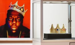 The crown worn by the Notorious BIG, exhibited next to the photo in which it appeared.