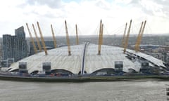 The former Millennium Dome in Greenwich, south London, with roof panels missing after they were blown off in Storm Eunice