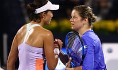 Garbiñe Muguruza is congratulated by Kim Clijsters of Belgium after the Spaniard’s victory in the Dubai Duty Free Championships.
