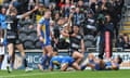 Hull FC's Lewis Martin celebrates scoring a try against Leeds Rhinos