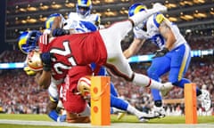 San Francisco 49ers running back Jeff Wilson Jr (22) is tackled by Los Angeles Rams linebacker Bobby Wagner at the one yard-line during the third quarter at Levi's Stadium