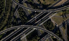 Aerial view of traffic on Sydney’s M4 Western Motorway and the Westlink M7 at Light Horse Interchange