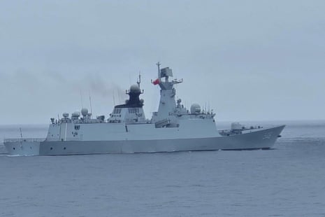 A Chinese warship navigates on waters near Pengjia Islet in northern Taiwan.