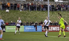 Vilde Bøe Risa scores Manchester United’s second goal against Lewes in the FA Cup quarter-final at the Dripping Pan