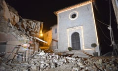 The Church of San Sebastiano stands amid rubble in Castelsantangelo sul Nera following an earthquake.