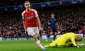 Arsenal's Leandro Trossard celebrates after opening the scoring against Sevilla.