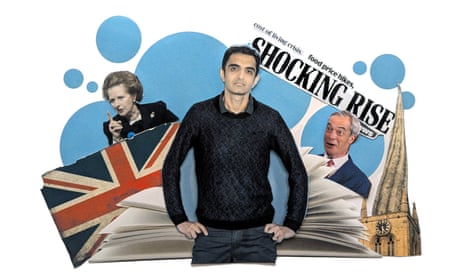 composite image showing the writer against a backdrop with cut-out images of a book, a union jack flag, a twisted church spire, a newspaper headline reading 'shocking rise', Margaret Thatcher and Nigel Farage.