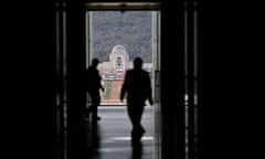 The Australian War memorial is seen through the open doors of Parliament House in Canberra.