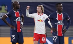 RB Leipzig’s Emil Forsberg celebrates after scoring from the penalty spot to put his side 2-1 ahead against PSG