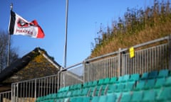General view as a Cornish Pirates flag flies inside the Mennaye Field stadium in Penzance