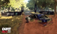 The Dirt Rally 2.0 video game featuring the government’s public health message 'Stay At Home, Save Lives'.