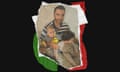 A portrait of Hazem Rahma, a director at Mubarrat Al Rehmat orphanage in Gaza City, holding two young children, atop the Palestine colours
