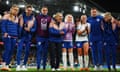 Sarina Wiegman addresses England’s players after the World Cup quarter-final win against Colombia.