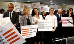 (L-R) Chuka Umunna, Anna Soubry, Heidi Allen and Chris Leslie Independent MP’s of the new pro-EU political party, Change UK pose during the launch of their European election campaign in Bristol on April 23, 2019. - Britain’s breakaway anti-Brexit party, Change UK, imploded on Tuesday just months after its formation with the resignations of six of its 11 MPs. The departing MPs include leader Heidi Allen and fellow ex-Tory Sarah Wollaston, and former Labour MPs Luciana Berger, Gavin Shuker, Angela Smith and Chuka Umunna. Allen was replaced as leader by fellow ex-Tory Anna Soubry