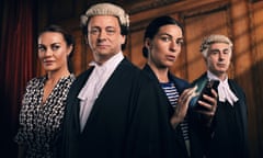 Vardy V Rooney: A Courtroom Drama – from left:  (Chanel Cresswell as Coleen Rooney, Michael Sheen as David Sherborne QC, Natalia Tena as Rebekah Vardy and Simon Coury as Hugh Tomlinson QC.