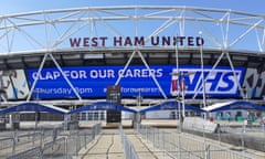 West Ham’s London Stadium displays a message of support for the NHS. Eight of the club’s players have displayed mild Covid-19 symptoms.