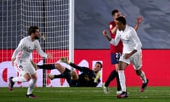 Eder Militão celebrates after breaking Osasuna’s stubborn resistance to put Real Madrid on the way to a 2-0 victory