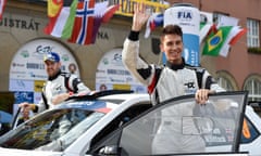 Zlin, Czech Republic. 16th Aug, 2019. L-R Ross Whittock and Chris Ingram (both Britain) with Skoda Fabia R5 rally car attend an opening ceremony of the Barum Czech Rally Zlin, within the Intercontinental Rally Challenge (IRC), on August 16, 2019, in Zlin, Czech Republic. Credit: Dalibor Gluck/CTK Photo/Alamy Live News<br>WA115Y Zlin, Czech Republic. 16th Aug, 2019. L-R Ross Whittock and Chris Ingram (both Britain) with Skoda Fabia R5 rally car attend an opening ceremony of the Barum Czech Rally Zlin, within the Intercontinental Rally Challenge (IRC), on August 16, 2019, in Zlin, Czech Republic. Credit: Dalibor Gluck/CTK Photo/Alamy Live News