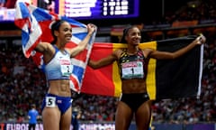 24th European Athletics Championships - Day Four<br>BERLIN, GERMANY - AUGUST 10: Nafissatou Thiam of Belgium and Katarina Johnson-Thompson of Great Britain celebrate after winning Gold and Silver retrospectively in the Women’s Heptathlon during day four of the 24th European Athletics Championships at Olympiastadion on August 10, 2018 in Berlin, Germany. This event forms part of the first multi-sport European Championships. (Photo by Matthias Hangst/Getty Images)