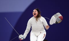 Fencing - Olympic Games Paris 2024: Day 3<br>PARIS, FRANCE - JULY 29: Nada Hafez of Team Egypt celebrates her victory against Elizabeth Tartakovsky of Team United States (not pictured) in the Fencing Women's Sabre Individual Table of 32 on day three of the Olympic Games Paris 2024 at Grand Palais on July 29, 2024 in Paris, France. (Photo by Carl Recine/Getty Images)