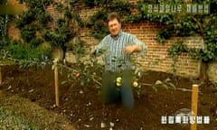 Screenshot from the North Korean TV version of Alan Titchmarsh’s Garden Secrets, featuring the blurred jeans