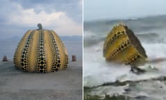 Composite showing pumpkin on pier and then in sea