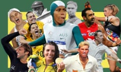 Composite image on a green and yellow background of photos of Ash Barty, Ian Thorpe, Jess Fox, Hayley Raso and Sam Kerr, Donald Bradman, Cathy Freeman, Douglas Nicholls, Shane Warne, Adam Goodes, Rod Laver and Taylah Harris