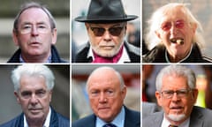 Clockwise from Top Left: Fred Talbot, Gary Glitter, Jimmy Saville, Rolf Harris, Stuart Hall, Max Clifford