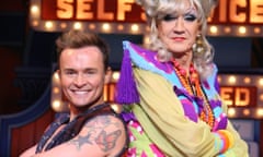 Former S Club 7 member Jon Lee as Aladdin with Lily Savage as Widow Twankey, in the photo call for a 2012 pantomime production of Aladdin