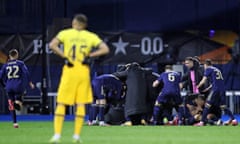 Dinamo Zagreb players and staff celebrate Mislav Orsic’s extra-time winner against Tottenham.