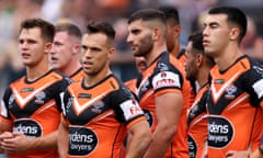 Tigers players react during the NRL Round 2 match between the Wests Tigers and the Newcastle Knights at Leichhardt Oval in March 2023